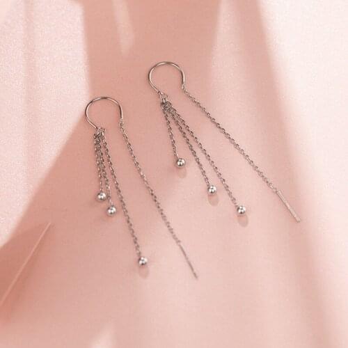 Female Small Round Bead Long Tassel Chain Earrings For Women Wedding Drop Earrings Vintage Fashion Silver Color Dangle Earrings