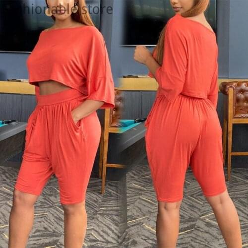 Women Casual Loose Round Neck Crop Top and Elastic Shorts 2pcs Set