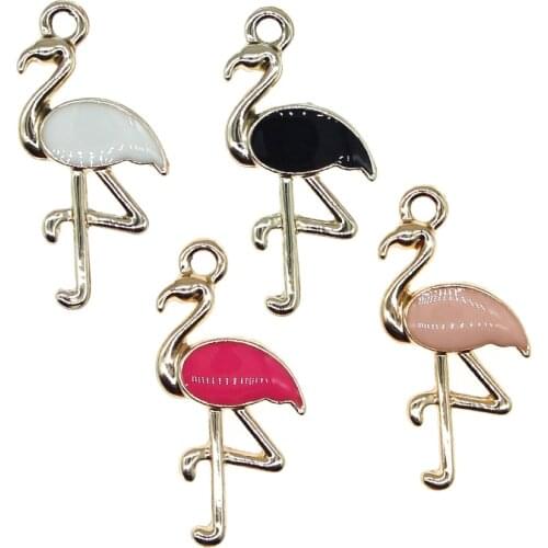 10pcs/lot 15*29mm Enamel Flamingo Charms Mixed Cute Bird Animal Pendants Alloy Gold Tone Jewelry Making Accessory Finding New