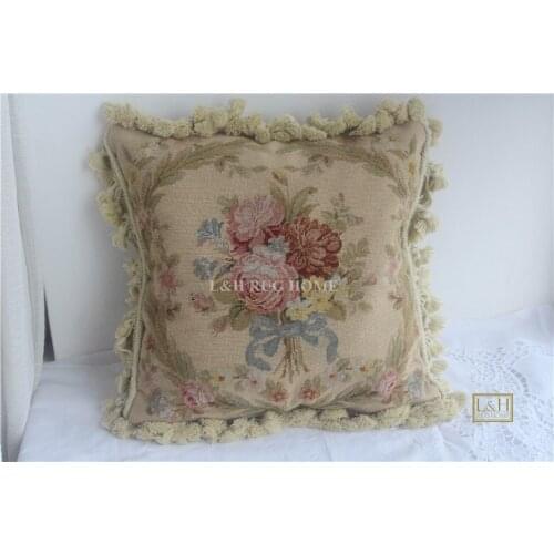 FREE SHIPPING 15K 16"X16" Needlepoint pillow cover hand knotted cushion with floral designs no insertion
