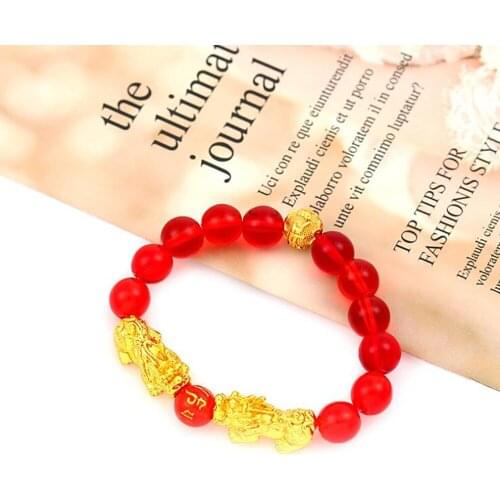 Gold Color Plated pixiu bracelet women men beads bracelet cuff bangle chinese feng shui natural crystal bracelet