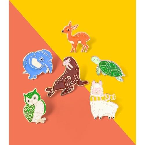 Animal world Enamel Pin Custom Walrus Alpaca Deer Owl Turtle Elephant Brooches Shirt Lapel Bag Animal Badge Jewelry Gift for Kid
