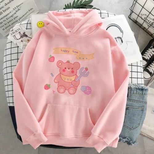 Korean Fashion Womens Blouse Kawaii Bear Print Pink Cute Vintage Sweatshirt Y2K Tops Ulzzang Harajuku Gothic Punk Seewt Hoodie