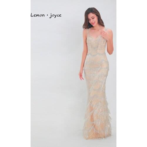 Lemon joyce Champagne Evening Dresses 2020 Formal V-Neck Sexy Backless Beading Tassels Straight Floor Length Prom Party Gowns