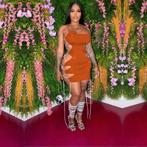 2021 Summer Sexy Solid Color Bandage Hollow Out Dress Party Lounge Wear Night Club Outfits Mall Goth Streetwear Y2k Clothes