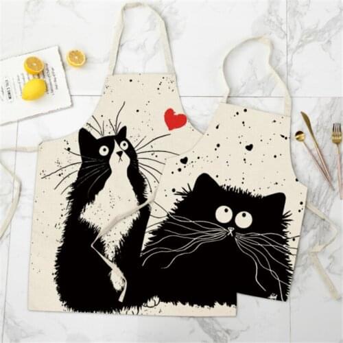 Cute Cartoon Cat Cotton Linen Kitchen Aprons For Men Women Home Cleaning Tools Sleeveless Apron Cooking Baking Waist Bib Tool