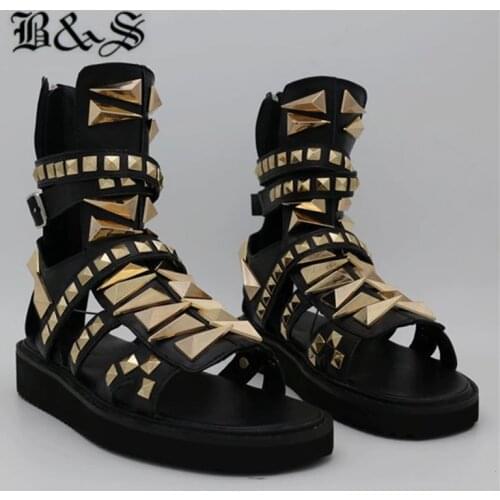 Black&Street 2020 Luxury Men Genuine Leather Golden Rivets vintage Rome Gladiator Cross Buckle straps Summer High Top Sandals