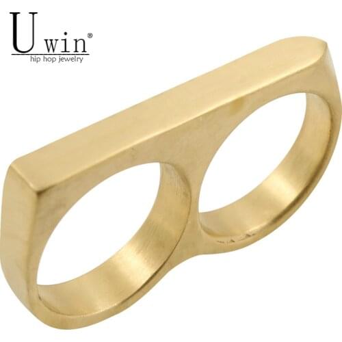 UWIN Gold Two Fingers Double Ring Punk Stainless Steel Mens Hip Hop Style Ring 7,8,9,10,11,12