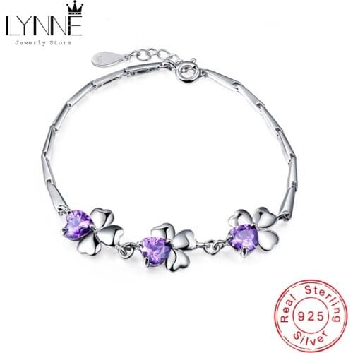 New Fashion Purple Cubic Zirconia Lucky Clover Pendant Chain Bracelet 925 Sterling Silver Charm Bracelets For Women Jewelry Gift