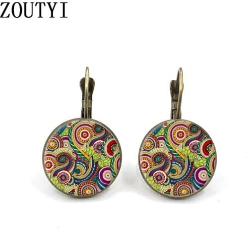 New/Hot Sale Colorful Indian Mandala Om Henna Yoga, convex glass inlay earrings, men and women wear jewelry