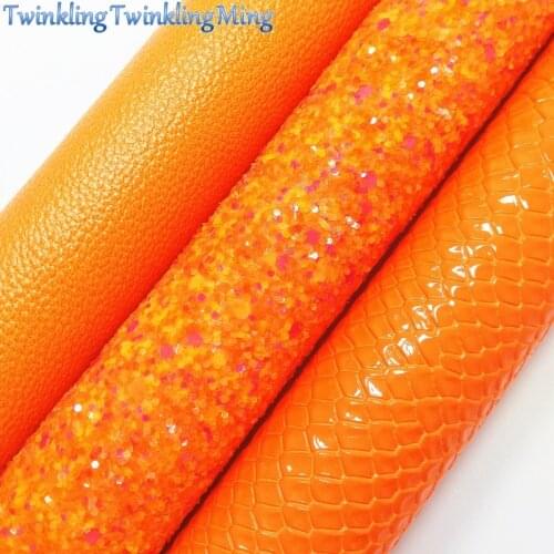 Orange Glitter Fabirc, Snake Faux Leather Fabric, Plain Synthetic Leather Fabric Sheets For Bow A4 8"x11"Twinkling Ming XM392