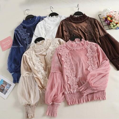 HISUMA Autumn Puff Sleeve Lace Flower Velvet Basic Ruffles Shirt Lady Short Elastic Slim Mesh Gauze Pullover Party Blouse Tops