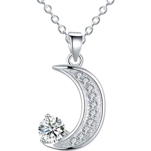 Wholesale Silver Plated Charm Jewelrys Necklace,free Shipping Fashion Fashion Jewelry Pendant Crescent Moon Inlaid Stone AN1005