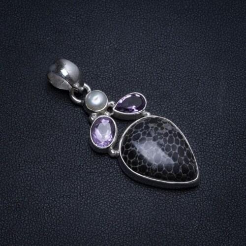 Natural Turritella Agate,River Pearl and Amethyst Boho 925 Sterling Silver Pendant 2" T0324