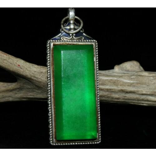 Old Chinese Tibetan silver inlaid green jade handmade work pendant