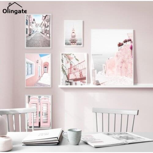 Pink Telephone Booth Ocean Street Tree Tower Wall Art Canvas Painting Nordic Posters and Prints Wall Pictures for Living Room