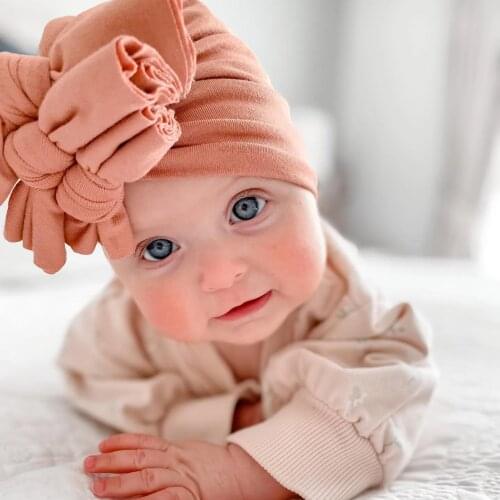 Solid Rayon Double Layers Baby Turban Hats Soft Flower Print Folded Triple Tie Knotted Caps Newborn Beanies Bonnet Headwraps