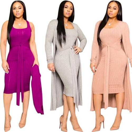 Echoine Autumn Knitted Sweater Bodycon Sleeveless Dress Long Cardigans Coat 2 Piece Set Ribbed Dress Belt Vintage Vestidos