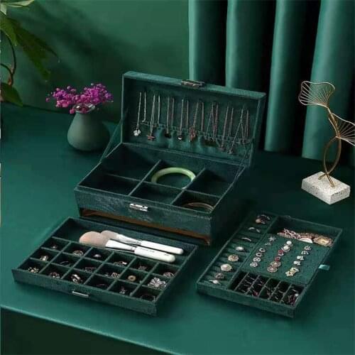 24 X 11x 17CM Dark Green Double-Layer Three-Layer Drawer Earrings Ring Jewelry Storage Box Watch Jewelry Box Dustproof Finishing