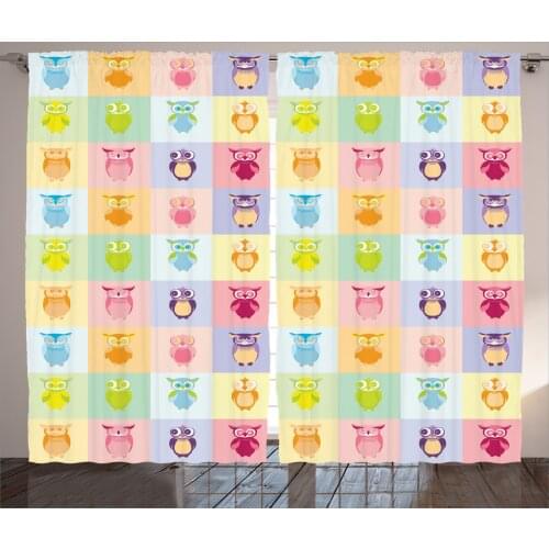 Pastel Owls Curtains Night Birds in Colorful Squares Satin Fabric Drapes for Living Room Bedroom 2 Panel Window Set