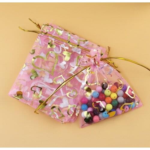 100pcs 7x9cm Drawable Organza Bags Heart Pink color Wedding Christmas Gift Bag Jewelry Packaging Bags Pouches