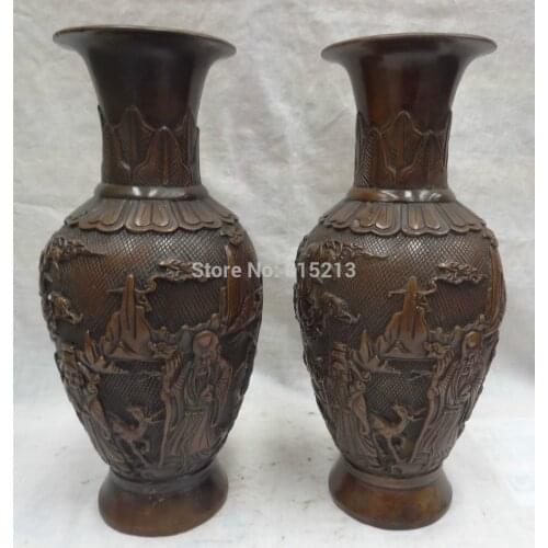 Bi001090 11" China Bronze Buddhist FuLuShou Statue Deer Crane Longevity God Pot Vase Pair