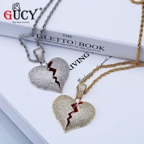 GUCY Solid Broken Heart Lced Out Necklace & Pendant Charm For Men Women Multicolor Cubic Zircon Necklace Hip Hop Jewelry