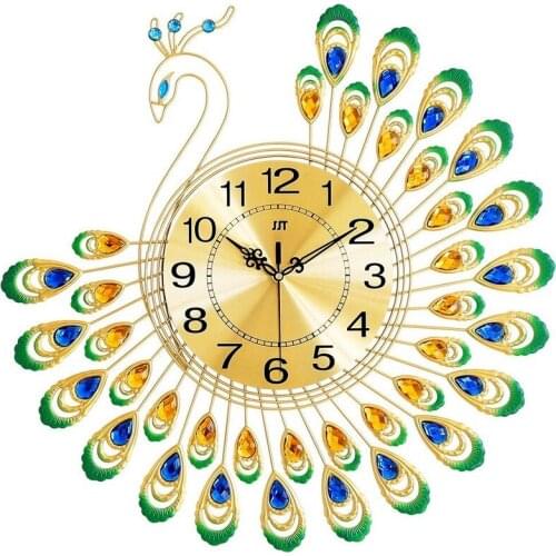 Home Living Room Decor Diamond Peacock Shaped Wall Clock Metal Wall Watch Office Room Wall Decoration Creative Crafts Ornaments