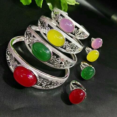 Fine Jewelry Natural Jade Medullary Hand-made 925 Silver Women Sets Trendy Bangle Ring