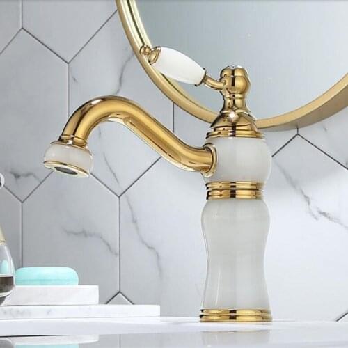 Basin Faucet White Jade and brass material Hot and Cold Single Lever Decked bathroom Sink Tap Crane