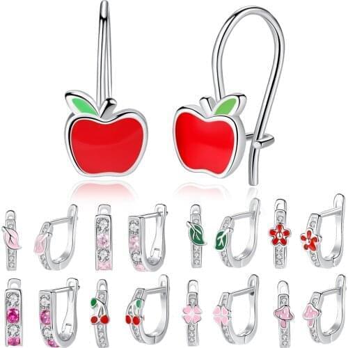 100% 925 Sterling Silver Small Stud Earrings Pink Red Enamel Clover Heart Flower Crystal Earring For Girls Kids Children Jewelry