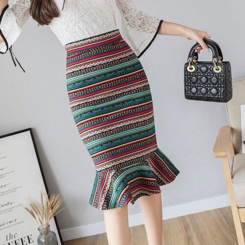 Fashion Women Vintage Print Mermaid Skirt Slim Bodycon High Waist Business Wear Ruffles Skirt Ladies Work Office Skirt Plus Size