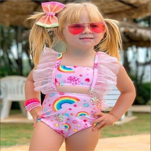 2021 New Toddler Baby Girls Two Piece Swimsuit Cute Pattern Printed Tube Tops + Ruffle Trim Suspender Short Pant Swimwear