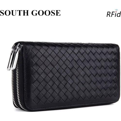 New Unisex Genuine Leather Wallets Luxury Handmade Sheepskin Knitting Long Clutch Handy Bag FRID Blocking Card Holder Phone Bag