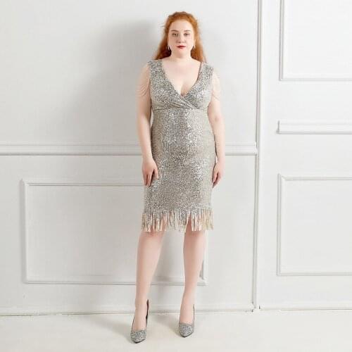 Sequins Prom Dress V-Neck Zipper Back Empire Knee-Length Tassel Sleeveless New Simple Pleat A-Line Formal Gowns For Women D1264