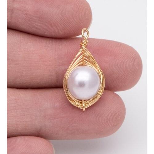 10pcs Wire Wrapped Faux Pearl Charms 24x12mm, Gold plated Brass Wired Pendants, DIY Earring Components (GB-694)