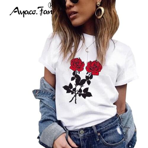 Plus Size Girls T-Shirts 2019 Summer New O-Neck Floral Print Women T-Shirt for Female Lady Casual Slim White Tops Tees Camisas