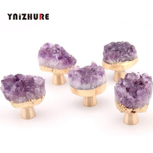 Luxury Natural Amethyst Brass Handle Drawer Knobs Kitchen Cupboard Pull Wardrobe Door Jewelry Box Hook Single Hole Handle
