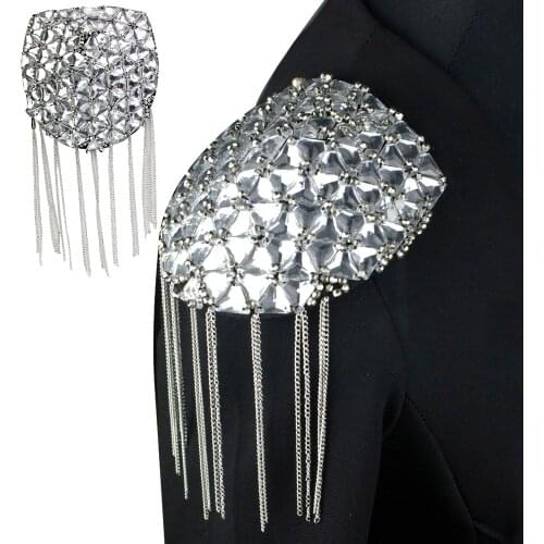 Stage Banquet Rhinestones Bead Shoulder Epaulettes Brooch Chain Tassel Patches 2 pieces