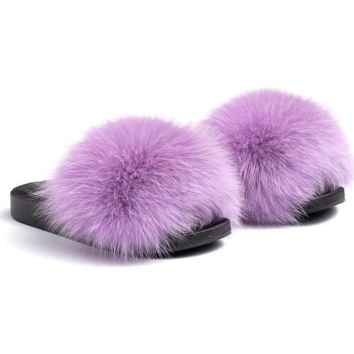 Fashion Real Raccoon Fur Slides Slippers Summer Flip Flops Casual Vogue Fox Fur Sandals Vogue Plush Shoes