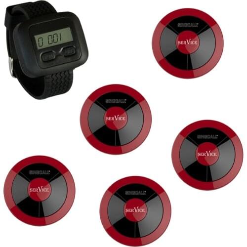 SINGCALL Wireless Restaurant Calling System, 1 APE6600 Mobile Receiver Watch and 5 Service Call Button, Staff Pager, APE310