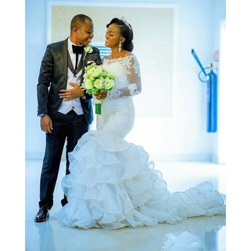 Long Sleeves Lace Appliques Wedding Dresses African Style Tiered Organza Ruffles Bridal Gowns 2022 Vestidos De Marriage