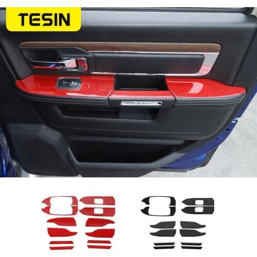 TESIN Real Carbon Fiber Accessories Car Inner Door Armrest Panel Decoration Cover Stickers For Dodge RAM 1500 2010-2015