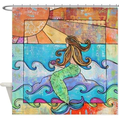 Sunset Mermaid Beach Ocean Decorative Fabric Shower Curtain