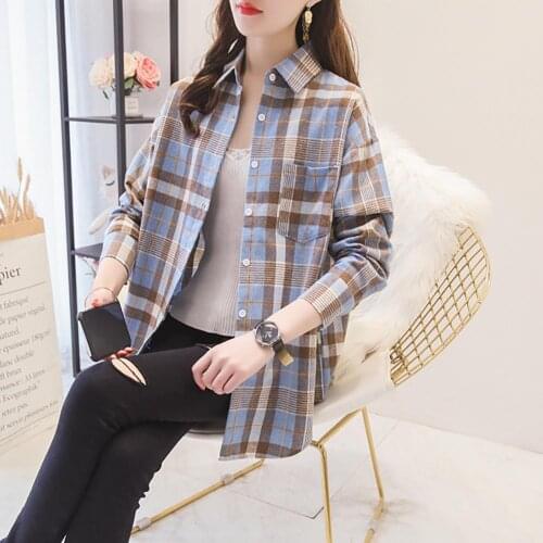 Women Autumn Winter Long Sleeve Plaid Shirt Single-breasted Blouse Top Outerwear
