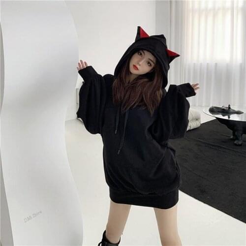 Hoodies Loose Long Sleeve Women Harajuku Punk Gothic Black Devil Horn Casual Sweatshirt Plus Size Female Autumn Winter Tops New