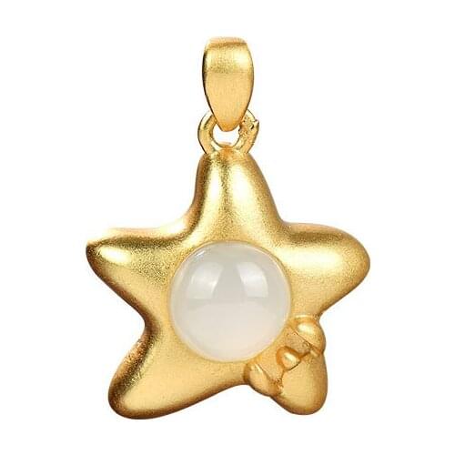 S925 sterling silver gold plated Natural Hetian jade Pendant Personality XINGX Five-pointed star Temperament Ladies Pendant
