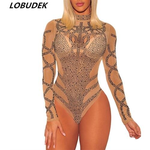 2 Colors Crystals Female Bodysuit Sexy Mesh Perspective Jumpsuit See-through Costume Nightclub DJ Pole Dancing Show Stage Wears