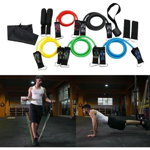 11x Resistance Band Set & Foam Handles and Accs Yoga Gym 120cm