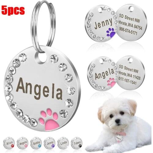 5Pcs Pet Dog Round Anti-lost Paw Rhinestone ID Name Tags Ring Collar Pendant Dog Tag Key Chain 6 Colors Laser Lettering